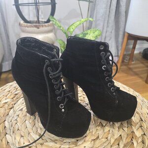 Black velvet platform heel boots